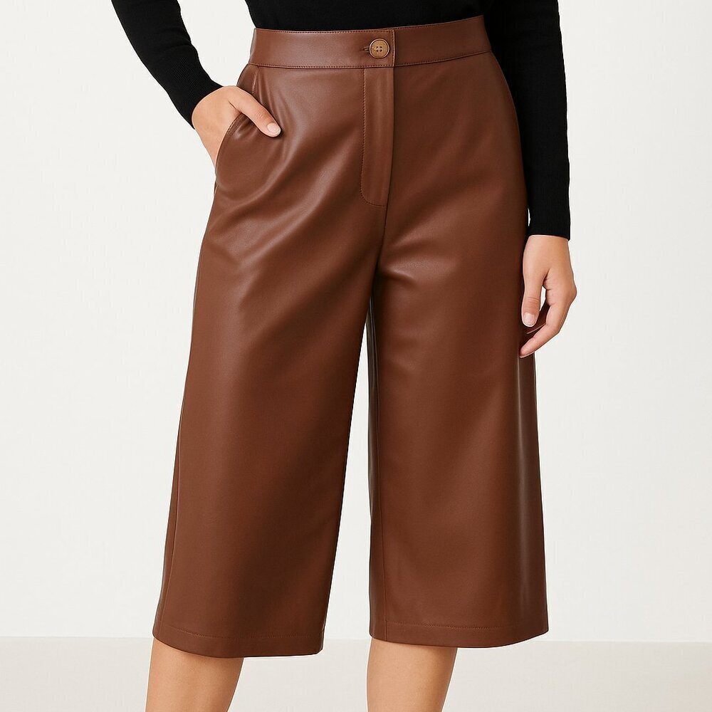 Julia Allert Vegan Leather Wide Leg Cropped Pants Brown XS NWT